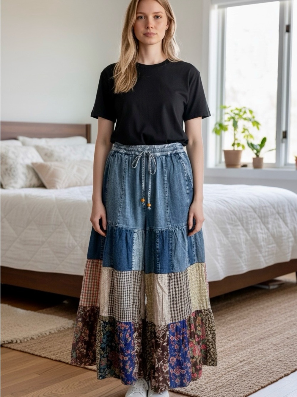 Young Threads Wide Leg Boho Patchwork Pants – Blue Denim Panel NWT - Picture 2 of 10